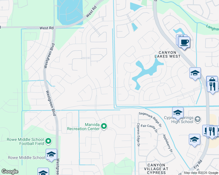 map of restaurants, bars, coffee shops, grocery stores, and more near 22554 Fm529 Road in Cypress