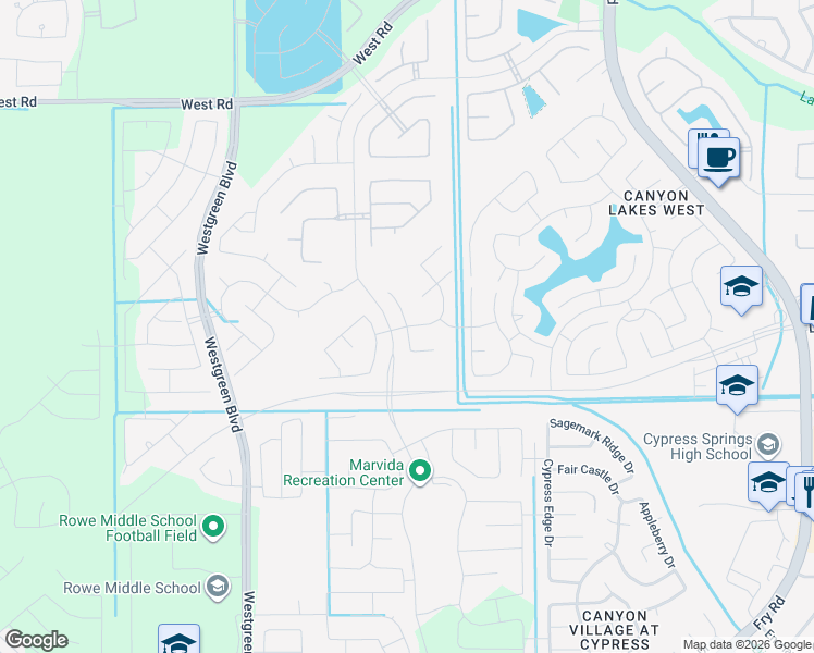 map of restaurants, bars, coffee shops, grocery stores, and more near 22554 Fm 529 Road in Cypress