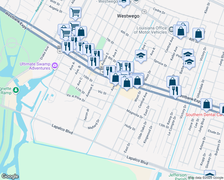 map of restaurants, bars, coffee shops, grocery stores, and more near 1105 Avenue H in Westwego