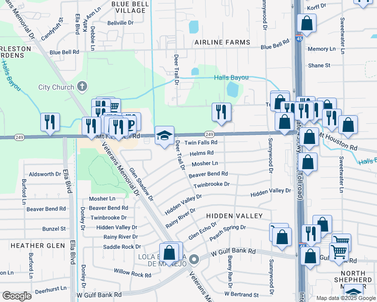 map of restaurants, bars, coffee shops, grocery stores, and more near 1127 Helms Road in Houston