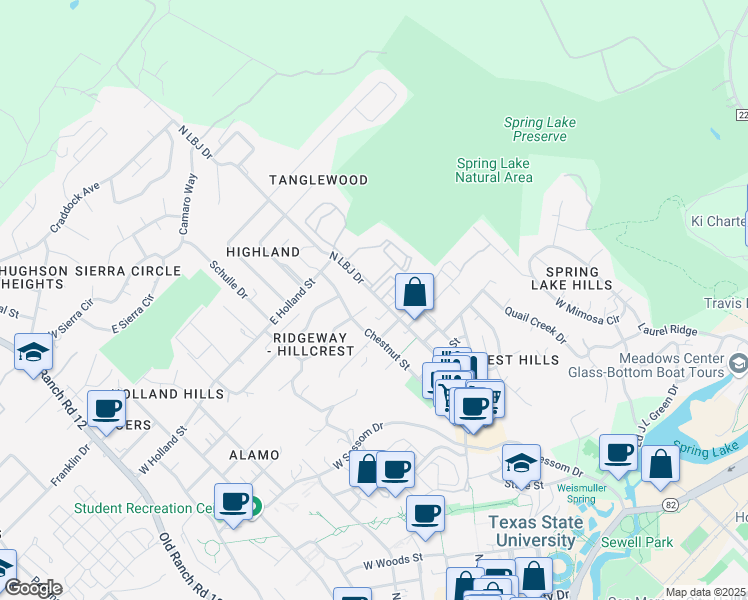 map of restaurants, bars, coffee shops, grocery stores, and more near 1231 North LBJ Drive in San Marcos