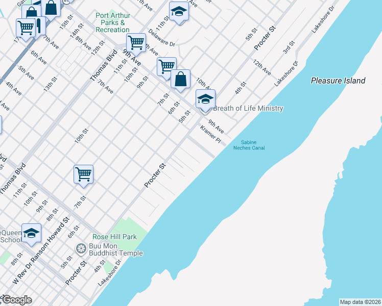 map of restaurants, bars, coffee shops, grocery stores, and more near 140 Avant Lane in Port Arthur