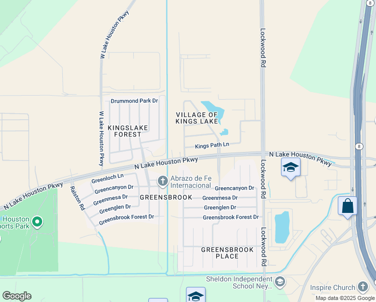 map of restaurants, bars, coffee shops, grocery stores, and more near 12218 Kings Path Lane in Houston