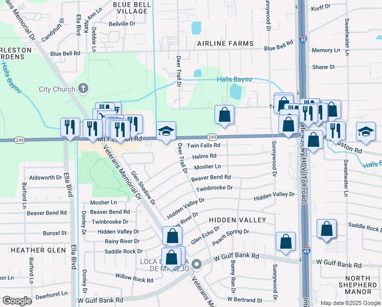 map of restaurants, bars, coffee shops, grocery stores, and more near 1127 Helms Road in Houston