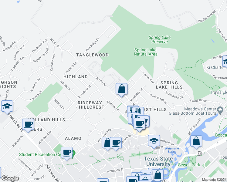 map of restaurants, bars, coffee shops, grocery stores, and more near 1204 North LBJ Drive in San Marcos