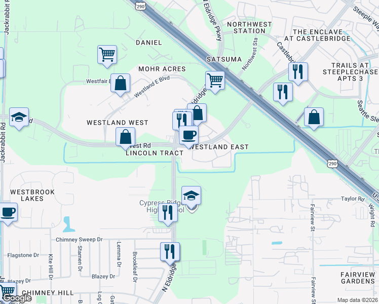 map of restaurants, bars, coffee shops, grocery stores, and more near 13339 West Road in Houston