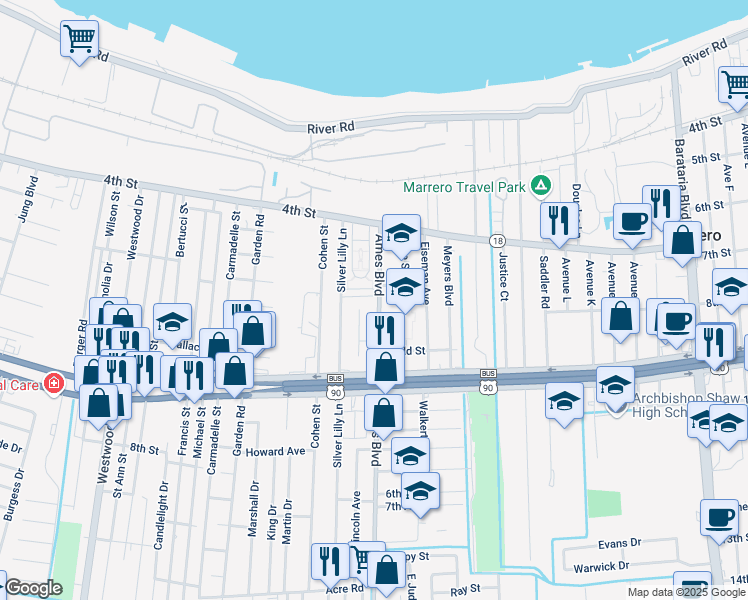 map of restaurants, bars, coffee shops, grocery stores, and more near 530 Ames Boulevard in Marrero