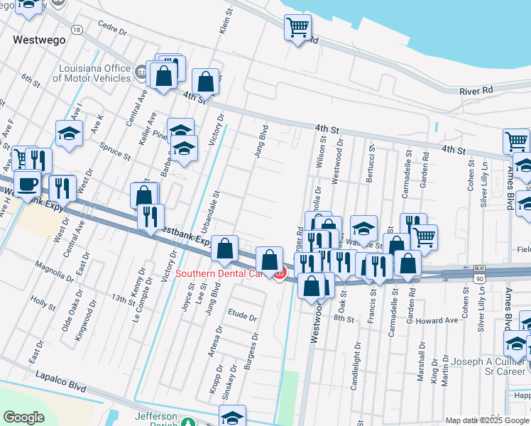 map of restaurants, bars, coffee shops, grocery stores, and more near 7409 Falcone Street in Marrero