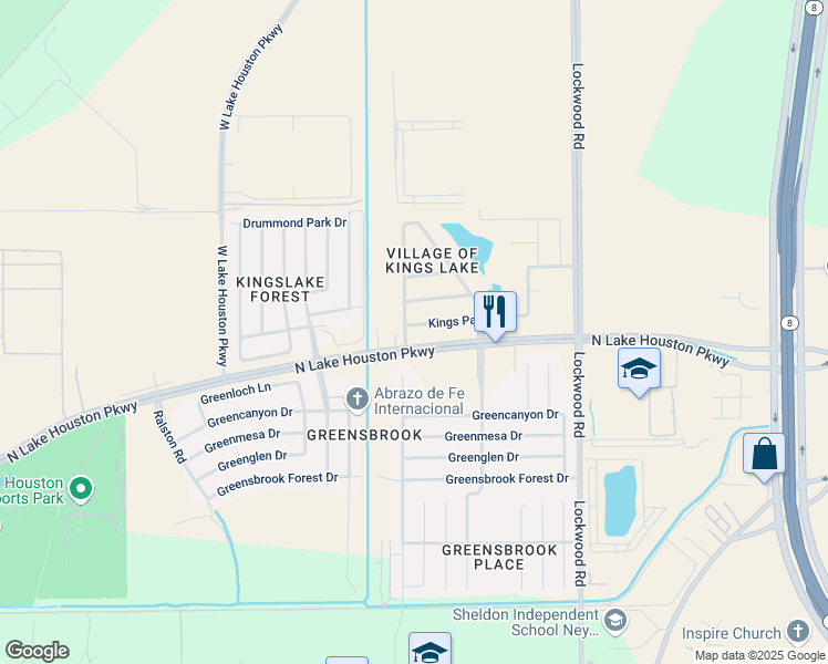 map of restaurants, bars, coffee shops, grocery stores, and more near 12218 Kings Path Lane in Houston