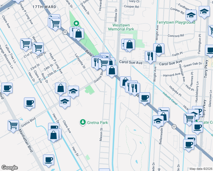 map of restaurants, bars, coffee shops, grocery stores, and more near 30 Creagan Avenue in Gretna