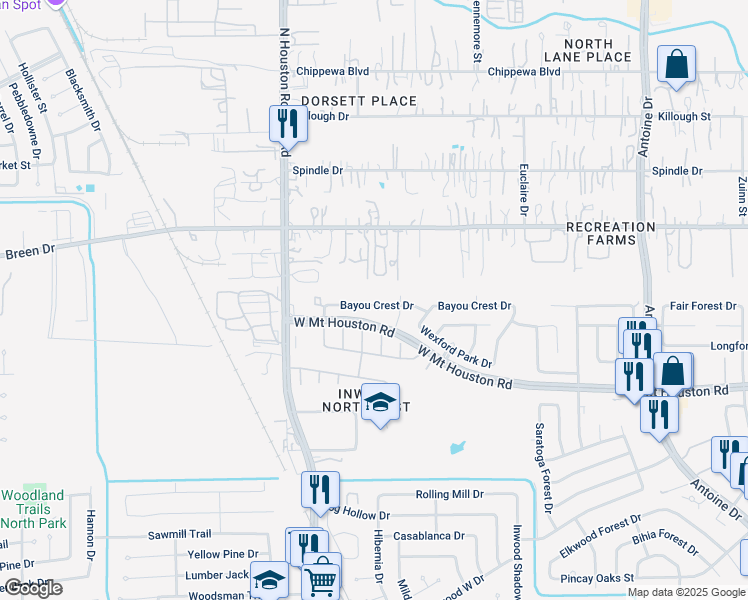 map of restaurants, bars, coffee shops, grocery stores, and more near 6910 Bayou Crest Drive in Houston