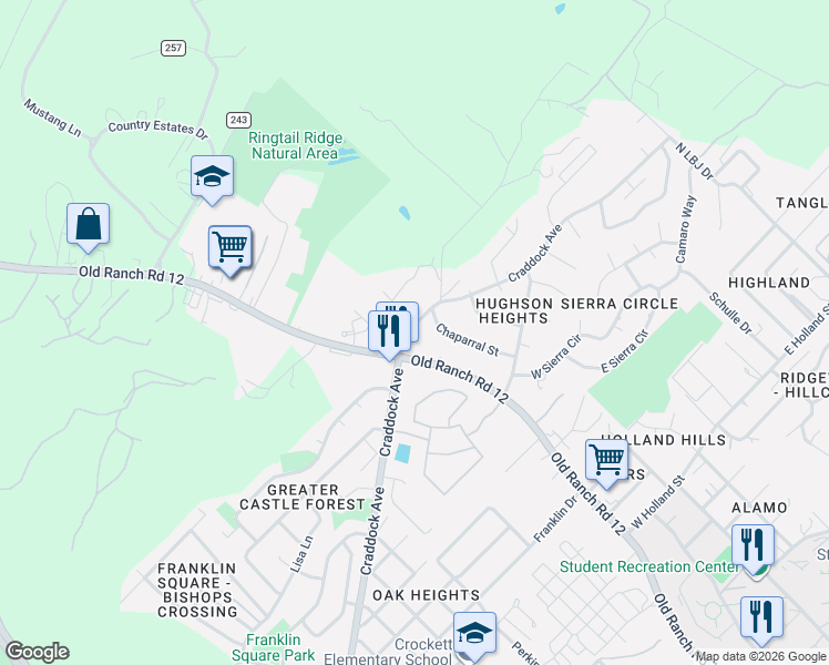 map of restaurants, bars, coffee shops, grocery stores, and more near 1620 Ranch Road 12 in San Marcos