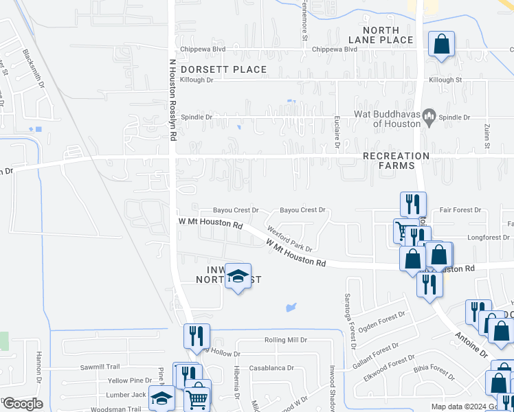 map of restaurants, bars, coffee shops, grocery stores, and more near 6722 Bayou Crest Drive in Houston
