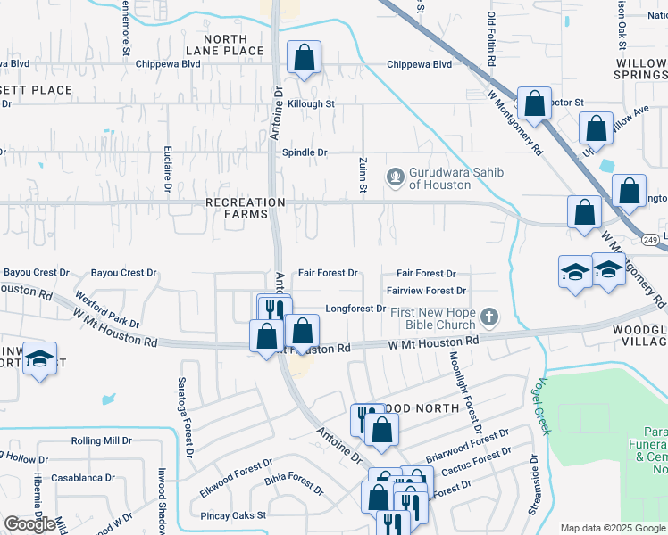 map of restaurants, bars, coffee shops, grocery stores, and more near 5807 Fair Forest Drive in Houston