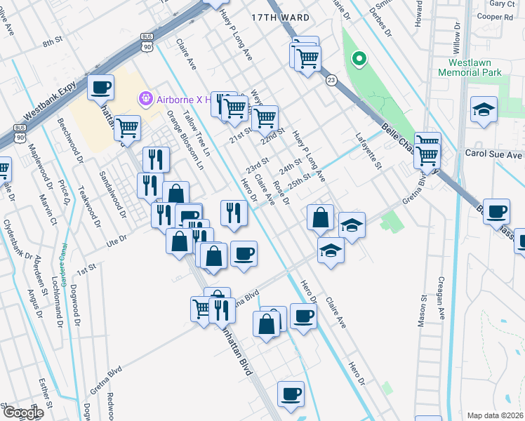map of restaurants, bars, coffee shops, grocery stores, and more near 2521 Hero Drive in Gretna
