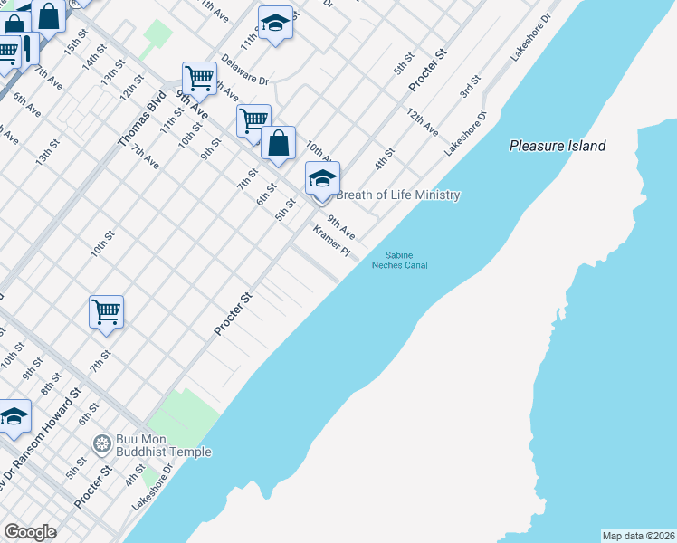 map of restaurants, bars, coffee shops, grocery stores, and more near 399 Dryden Place in Port Arthur