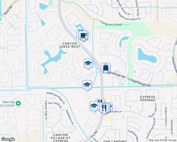 map of restaurants, bars, coffee shops, grocery stores, and more near 8111 Fry Road in Cypress