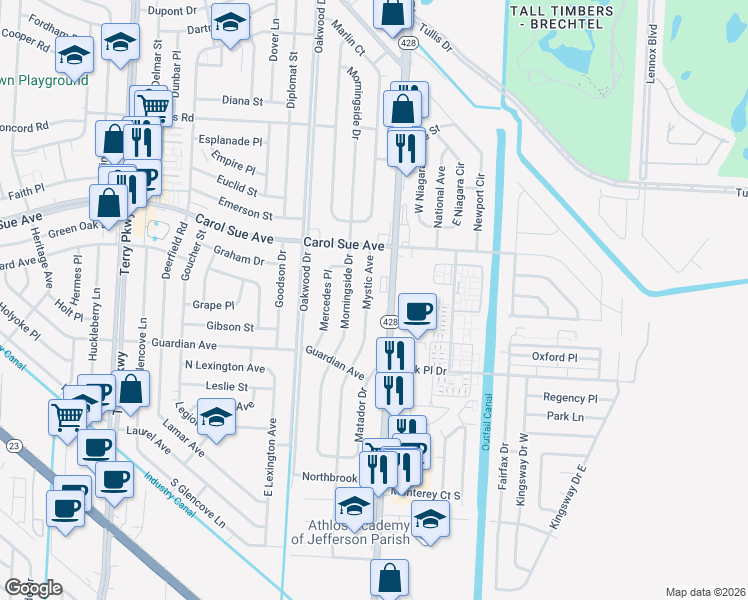 map of restaurants, bars, coffee shops, grocery stores, and more near 752 Behrman Highway in Terrytown