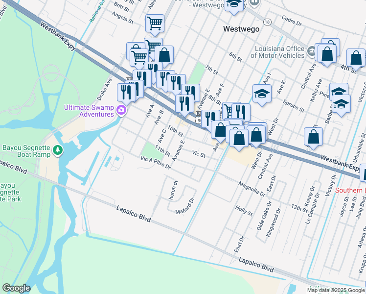 map of restaurants, bars, coffee shops, grocery stores, and more near 614 Vic Street in Westwego