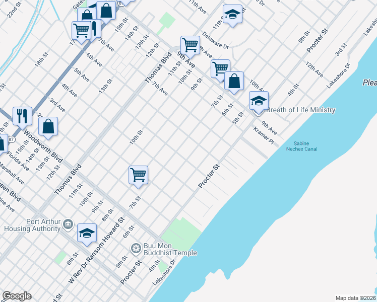 map of restaurants, bars, coffee shops, grocery stores, and more near 601 5th Avenue in Port Arthur