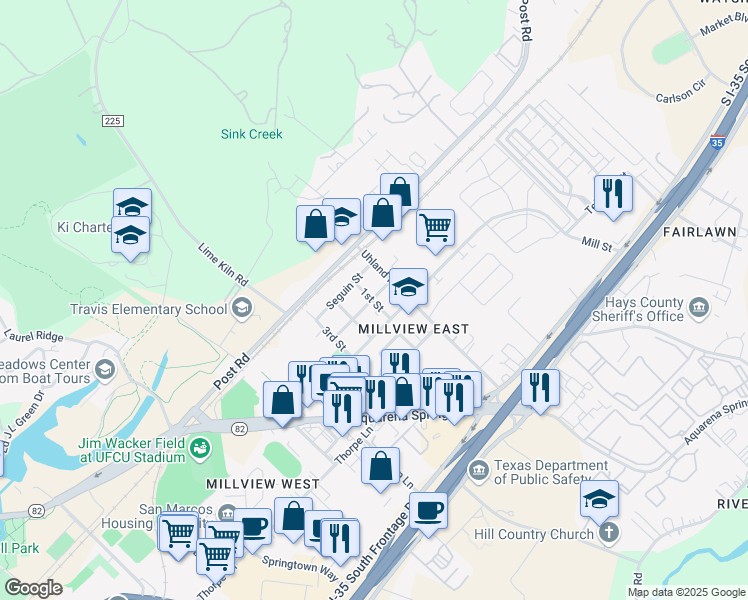 map of restaurants, bars, coffee shops, grocery stores, and more near 112 1st Street in San Marcos