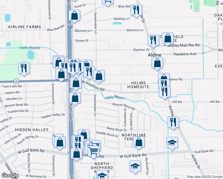 map of restaurants, bars, coffee shops, grocery stores, and more near 331 West Mount Houston Road in Houston