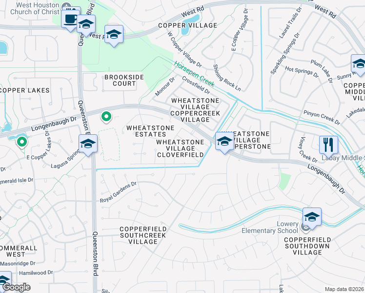 map of restaurants, bars, coffee shops, grocery stores, and more near 7614 Fieldstone Court in Houston