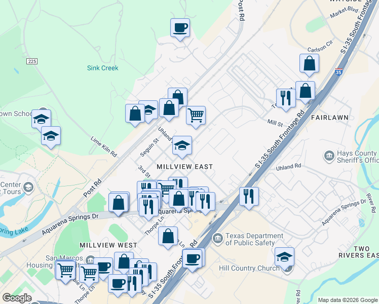 map of restaurants, bars, coffee shops, grocery stores, and more near 501 Uhland Road in San Marcos