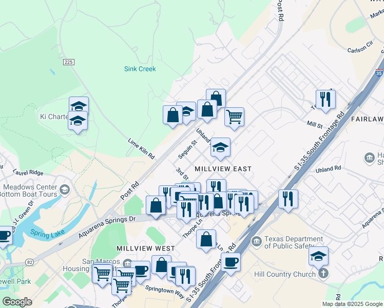 map of restaurants, bars, coffee shops, grocery stores, and more near 408 Lockhart Street in San Marcos
