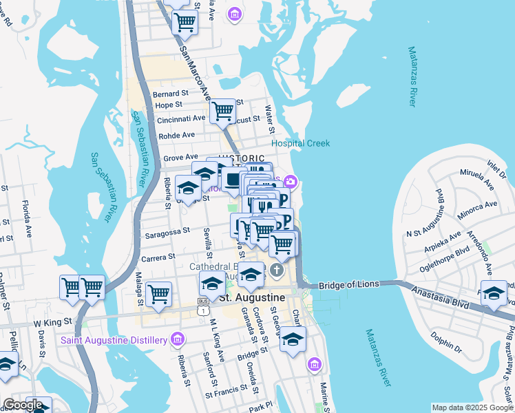map of restaurants, bars, coffee shops, grocery stores, and more near 42 Saint George Street in St. Augustine