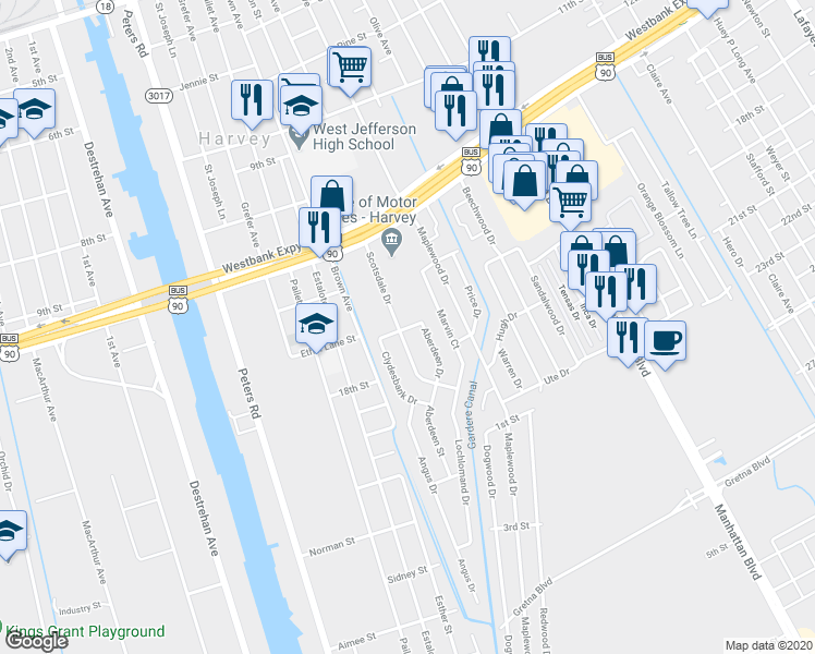 map of restaurants, bars, coffee shops, grocery stores, and more near 2160 Glasgow Drive in Harvey