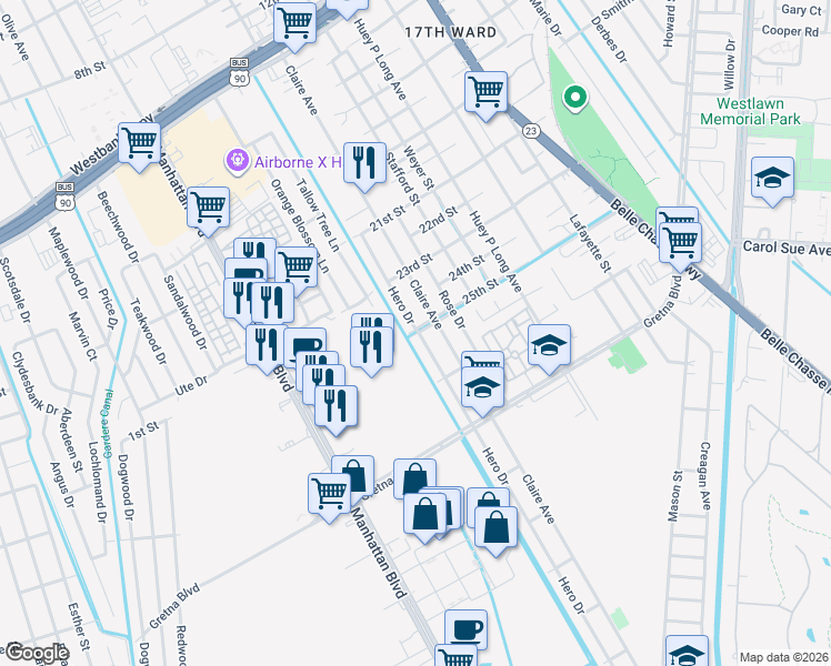 map of restaurants, bars, coffee shops, grocery stores, and more near 2509 Hero Drive in Gretna
