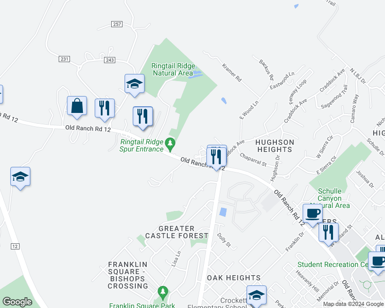 map of restaurants, bars, coffee shops, grocery stores, and more near 1740 Ranch Road 12 in San Marcos