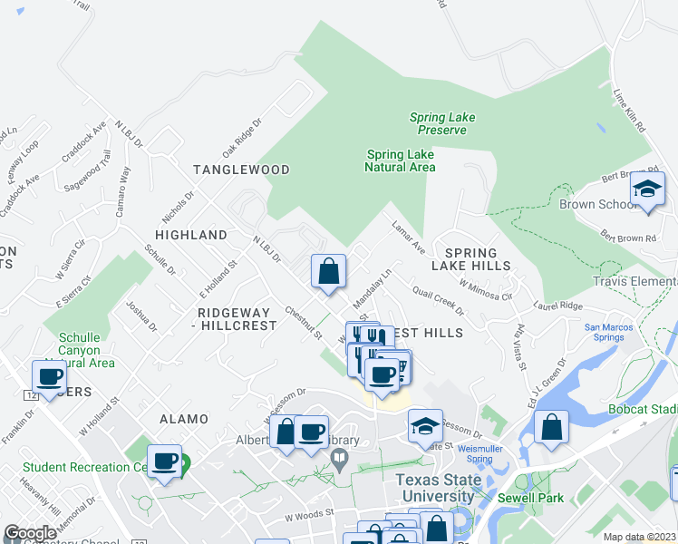 map of restaurants, bars, coffee shops, grocery stores, and more near 213 Ramsay Street in San Marcos