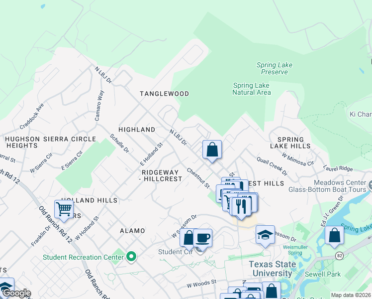 map of restaurants, bars, coffee shops, grocery stores, and more near 1220 Chestnut Street in San Marcos