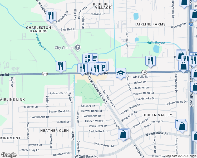 map of restaurants, bars, coffee shops, grocery stores, and more near 1338 Rim Rock Drive in Houston