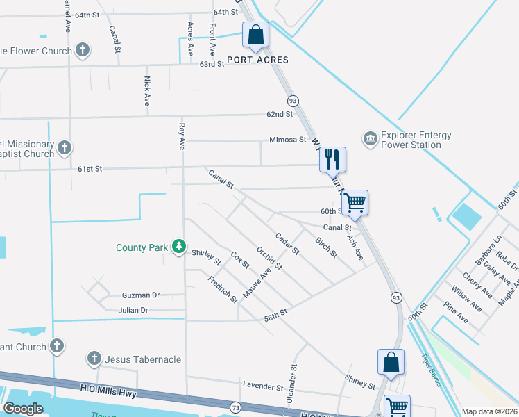 map of restaurants, bars, coffee shops, grocery stores, and more near 2232 Cedar Street in Port Arthur