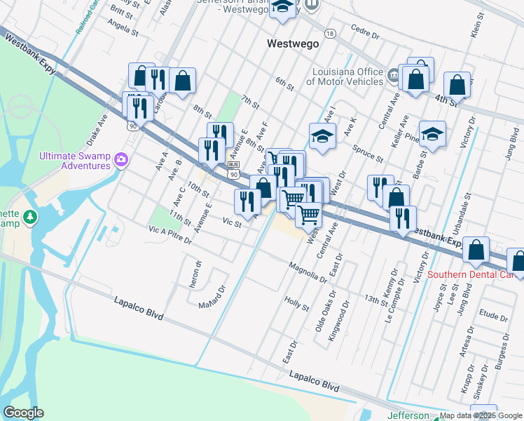 map of restaurants, bars, coffee shops, grocery stores, and more near 1105 Avenue H in Westwego
