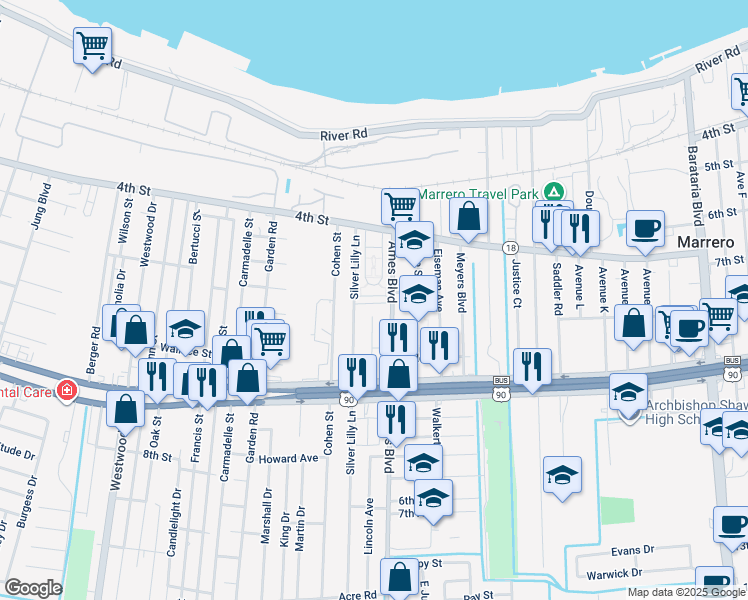 map of restaurants, bars, coffee shops, grocery stores, and more near 542 Ames Boulevard in Marrero