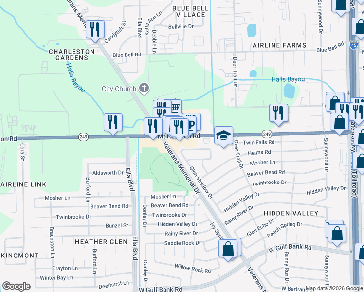 map of restaurants, bars, coffee shops, grocery stores, and more near 1338 Rim Rock Drive in Houston