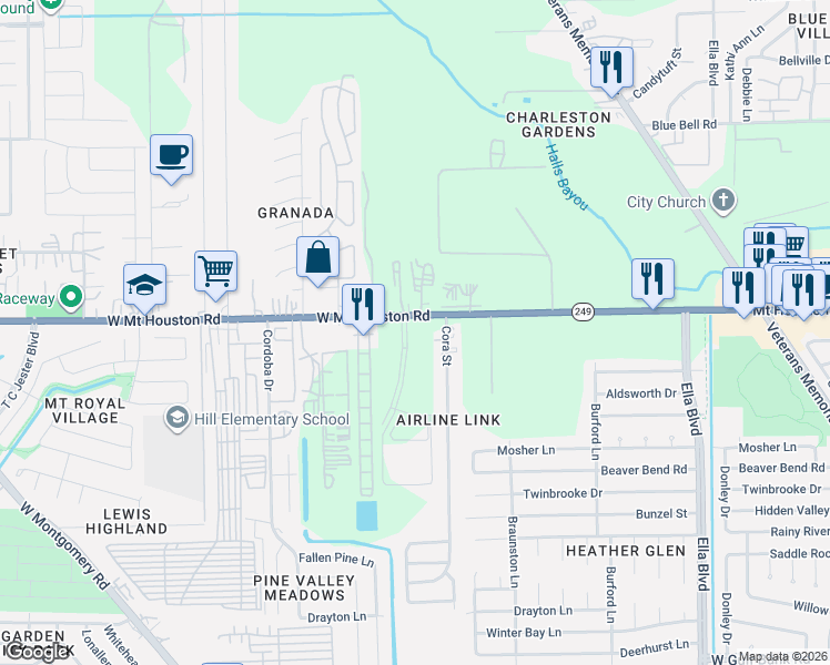 map of restaurants, bars, coffee shops, grocery stores, and more near 11321 Cora Street in Houston