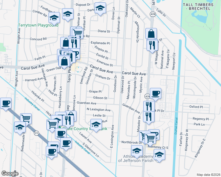 map of restaurants, bars, coffee shops, grocery stores, and more near 756 Goodson Drive in Terrytown