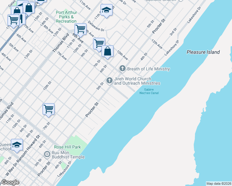 map of restaurants, bars, coffee shops, grocery stores, and more near 140 Avant Lane in Port Arthur