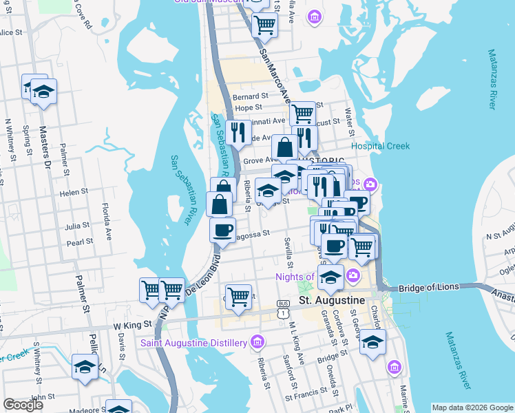 map of restaurants, bars, coffee shops, grocery stores, and more near 73 Orange Street in St. Augustine