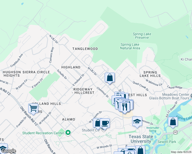 map of restaurants, bars, coffee shops, grocery stores, and more near 1350 North LBJ Drive in San Marcos