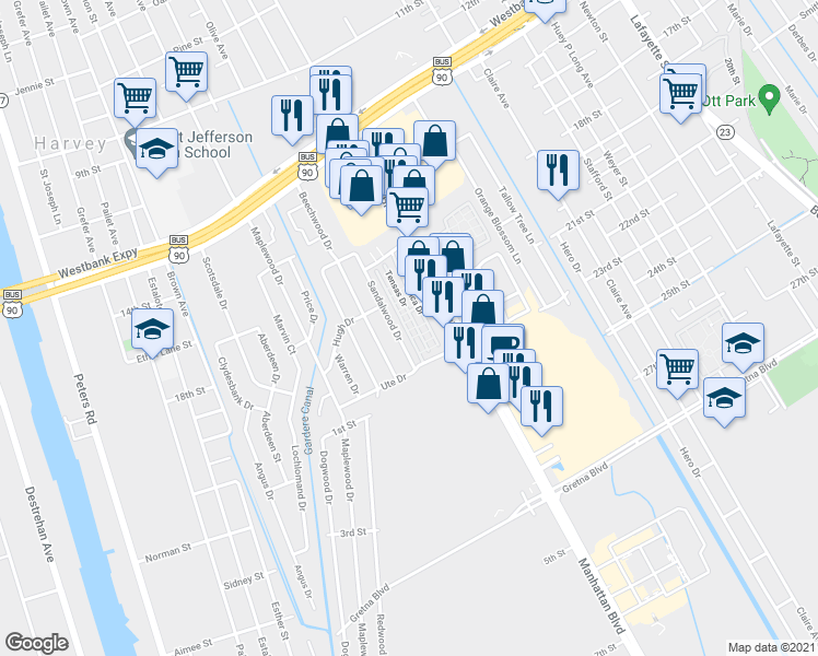 map of restaurants, bars, coffee shops, grocery stores, and more near 1116 Tensas Drive in Harvey