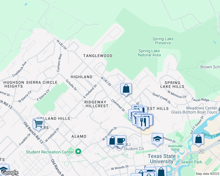 map of restaurants, bars, coffee shops, grocery stores, and more near 1350 North LBJ Drive in San Marcos