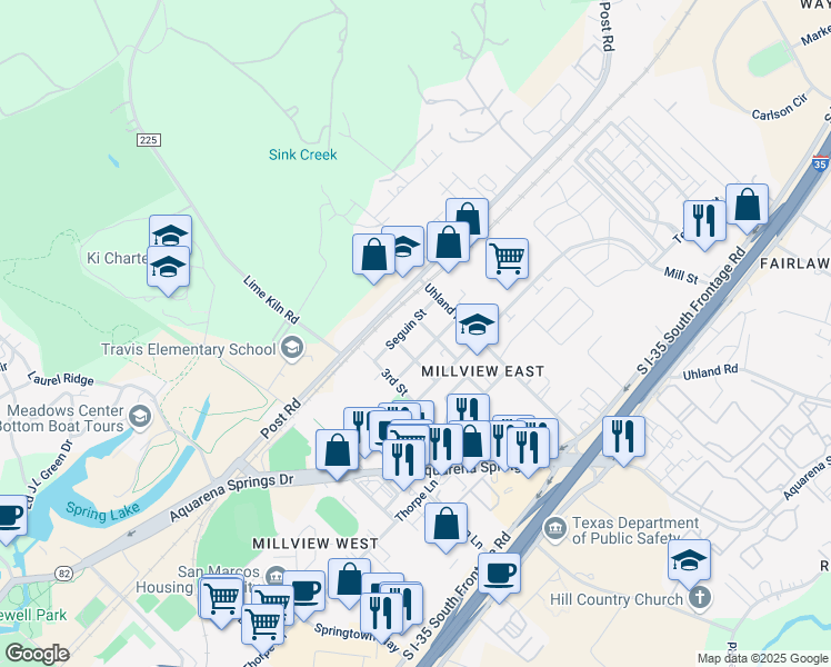 map of restaurants, bars, coffee shops, grocery stores, and more near 201 1st Street in San Marcos