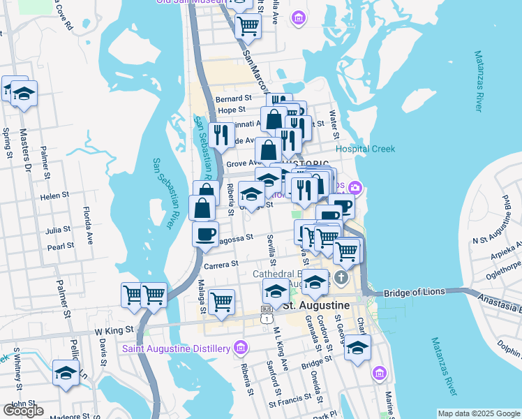 map of restaurants, bars, coffee shops, grocery stores, and more near 60 Orange Street in St. Augustine
