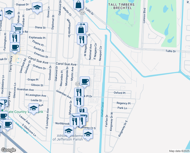 map of restaurants, bars, coffee shops, grocery stores, and more near in Terrytown